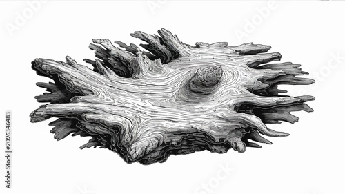 Cuadro en lienzo Detailed grayscale illustration of weathered tree stump on white background with