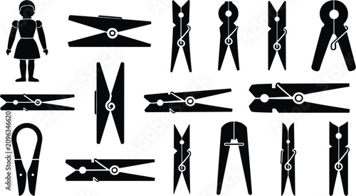 Clothespin vector silhouette icon collection featuring black laundry pegs wooden doll pin vintage spring clips laundry line hangers and household utility symbols.