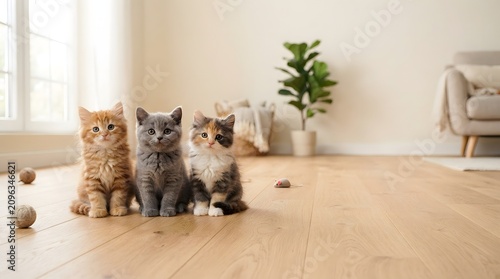 Three cute fluffy kittens sitting together on a wooden floor in a bright cozy living room