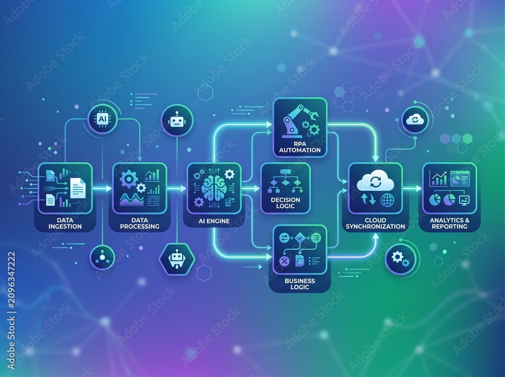 Naklejka premium Advanced Artificial Intelligence Architecture Flowchart Representing Automated Data Processing and Cloud Computing Digital Infrastructure
