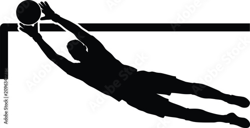 Принти на полотні Black silhouette of a soccer goalkeeper diving to block a ball at the goal post