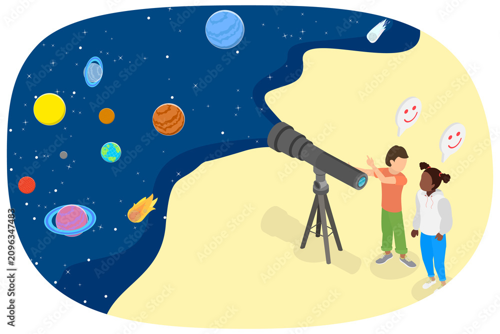 Naklejka premium 3D Isometric Flat Illustration of Astronomy For Kids, Young Children Explore The Wonders Of Astronomy Through Science Study