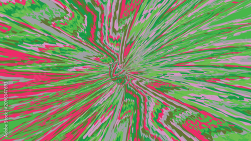 Quadro su tela Abstract background featuring vibrant green and pink rays radiating from a central focal point with dynamic motion and chaotic sharp geometric edges