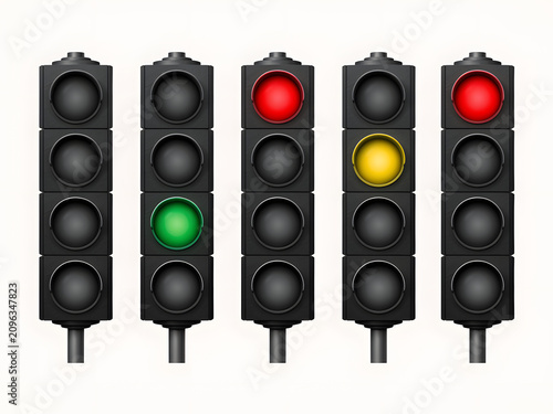 Traffic light icons set with red, yellow, and green lights for road and transportation signage, vector illustration