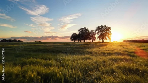 Golden sunset over expansive green field with silhouette trees