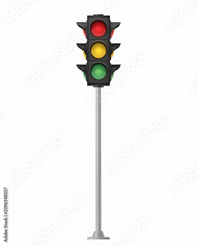 Traffic light signal with red, yellow and green lights on metal pole, road safety icon