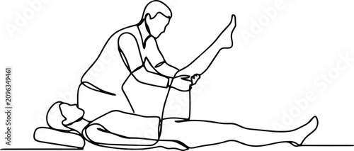 Physical therapist performing leg stretching exercise for patient continuous line drawing rehabilitation and massage and health in outline style