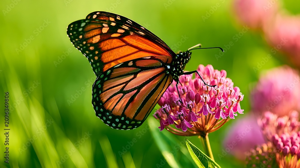 Obraz premium Beautiful orange monarch butterfly sitting on a pink flower in a sunny summer garden
