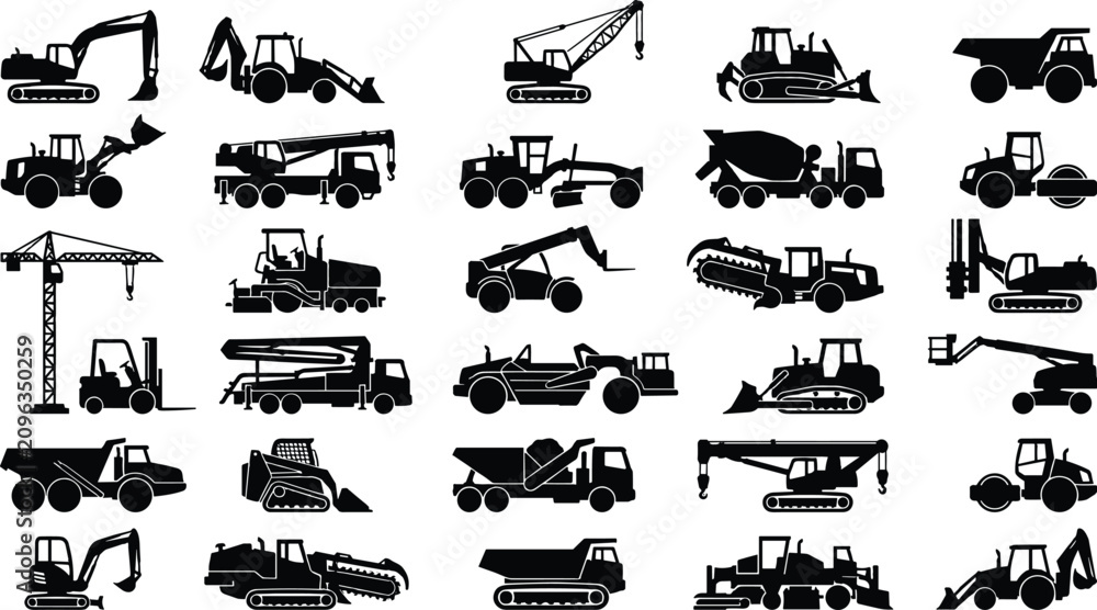 Fototapeta premium Construction Machinery Silhouettes with Excavators, Cranes, Dump Trucks and Heavy Equipment Icons
