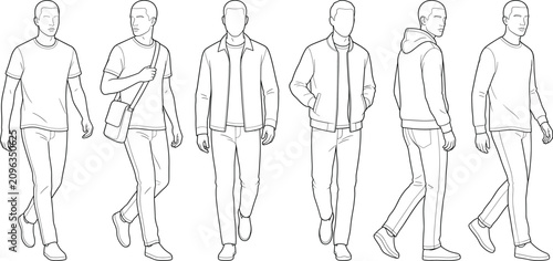 Tableau sur toile Walking human figures in casual clothing line drawings for fashion and character
