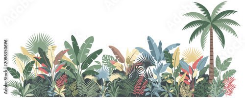 Foto Exotic jungle plants and palm tree in tropical vibrant foliage.