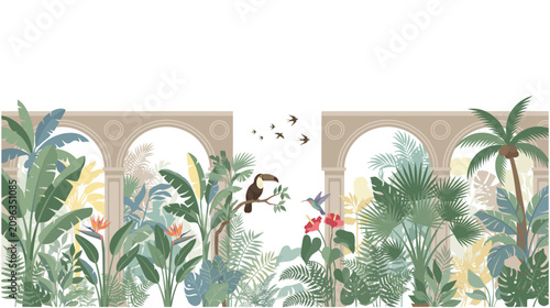 Obraz na plátně Tropical jungle with lush plants and exotic birds under archways.