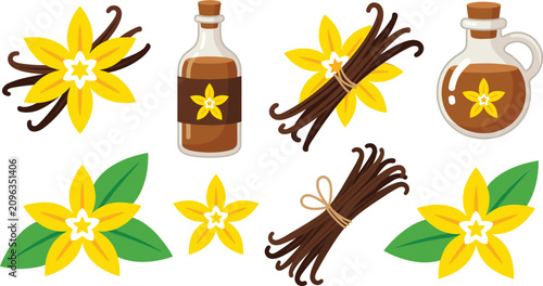 Obraz na płótnie Natural Vanilla Extract Bottle Vector Illustration Set Featuring Yellow Orchid F