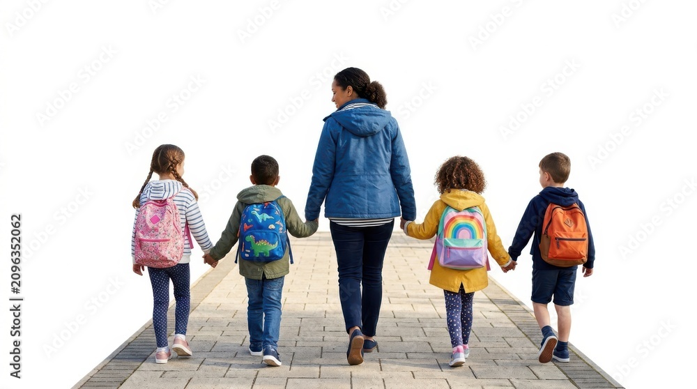 Obraz premium A teacher holding hands with four diverse elementary school children wearing colorful backpacks walking away together