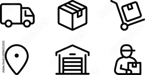 Photos Logistics and Delivery Service Line Icon Set with Shipping Truck, Cardboard Box,