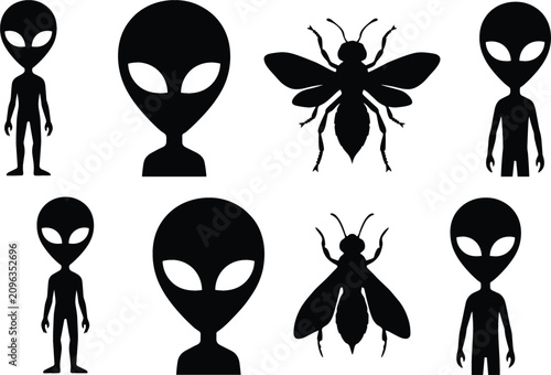 Canvastavla Sci Fi Alien and Honeybee Silhouette Icon Set Featuring Extraterrestrial Martian