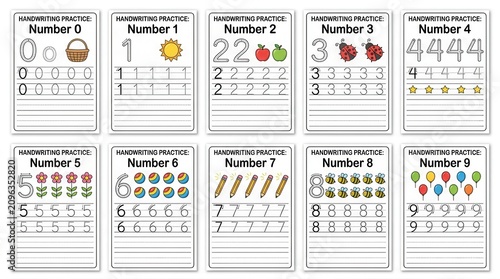 Set of numbers handwriting practice worksheets for kids with cute colorful illustrations isolated on white background