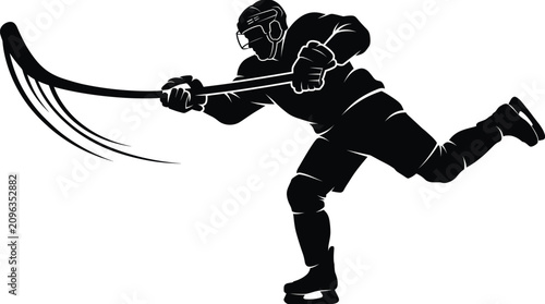 Photography Black silhouette of ice hockey player taking a powerful slap shot isolated on wh