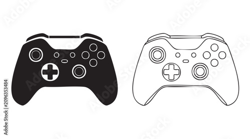 black silhouette with line art vector video game controller featuring gaming, gamepad