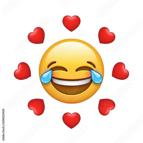Emoticon laughing with tears and surrounded by hearts isolated on transparent background