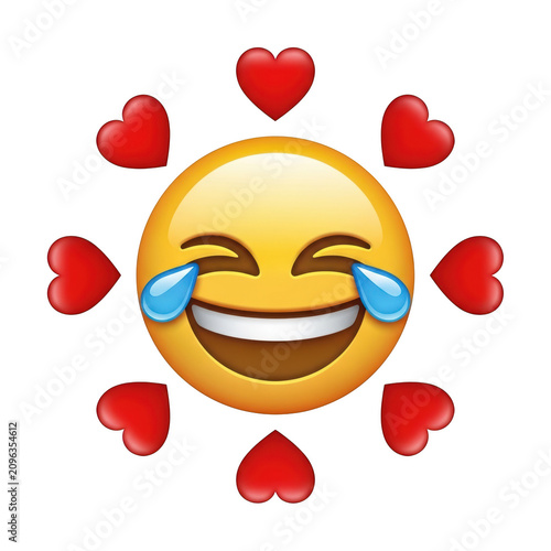 A joyful crying emoji surrounded by a burst of red heart symbols expressing mixed emotions of love and happiness isolated on transparent background