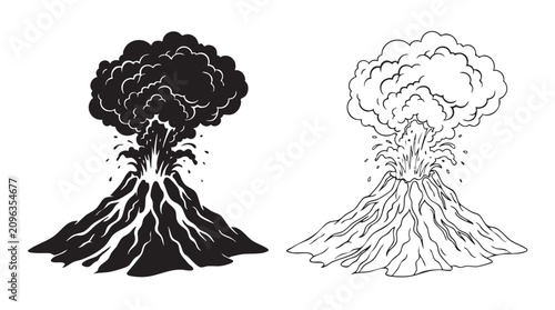Foto volcano erupting with black silhouette and line art vector illustration black si