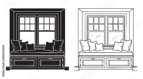 Photos window seat with storage black silhouette with line art vector
