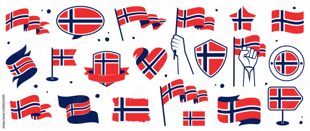 Obraz premium Norway Flag Set in Different Styles, Norwegian Pennants, Ribbons, Shields, Vector Design Elements