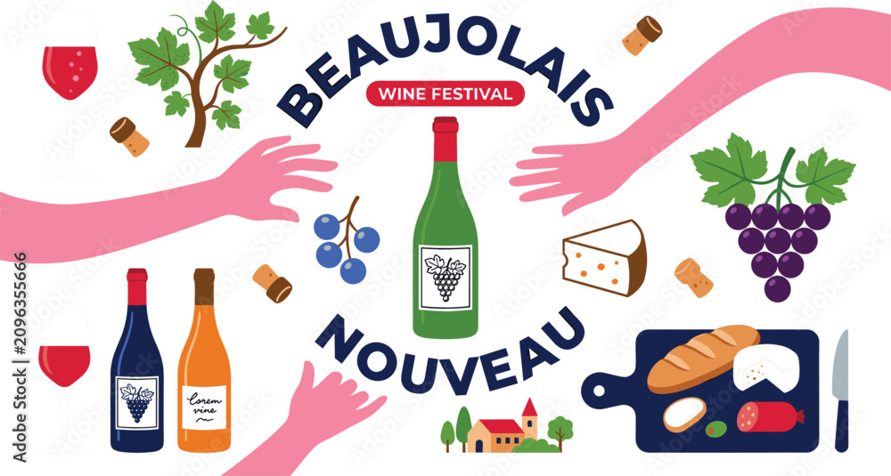 Obraz premium Beaujolais Nouveau Wine Festival Vector Illustration Set with Wine Bottles Glasses Grapes Cheese Bread and Reaching Hands for French Tasting Event Designs