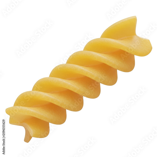 A close-up image of a single piece of spiral-shaped pasta isolated on transparent background