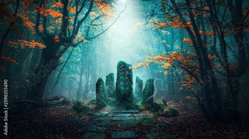 Ancient stone circle in a dark mysterious forest with glowing light from above