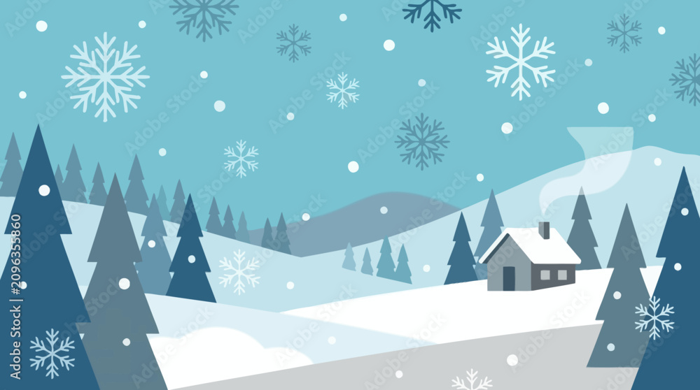 Fototapeta premium A cozy winter cabin nestled in a snowy forest under a falling snow