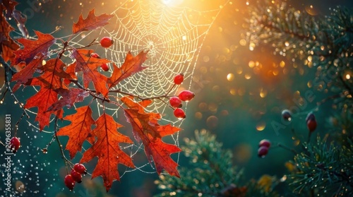 Bright red autumn leaves and a spider web in the golden sunlight