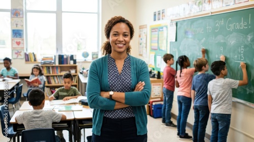Smiling female teacher standing with arms crossed in a busy elementary school classroom with students in background