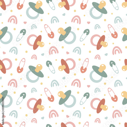 Seamless pattern with baby pacifier, safety pin, and rainbow. Cute background for newborn, nursery textiles, wrapping paper, and baby shower decorations. Decorative design with soft pastel color.
