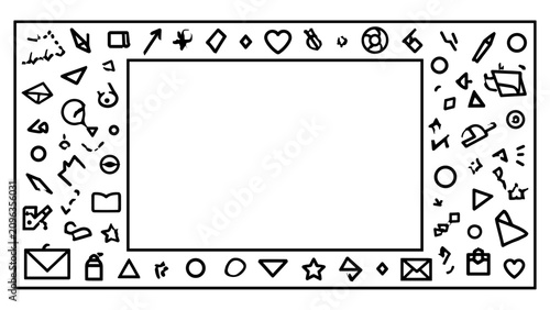 A rectangular frame adorned with a multitude of small, diverse, hand-drawn doodle icons and geometric shapes, creating a playful border.