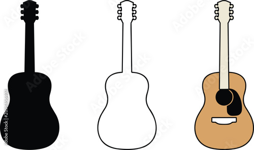 Obraz na plátně Acoustic guitar silhouettes and outline shapes featuring solid black, contour li