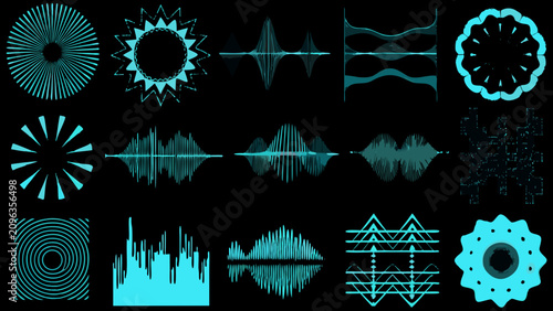 Cuadro en lienzo Audio Waveform Collection Sixteen Teal Vector Variations On Black Background aco