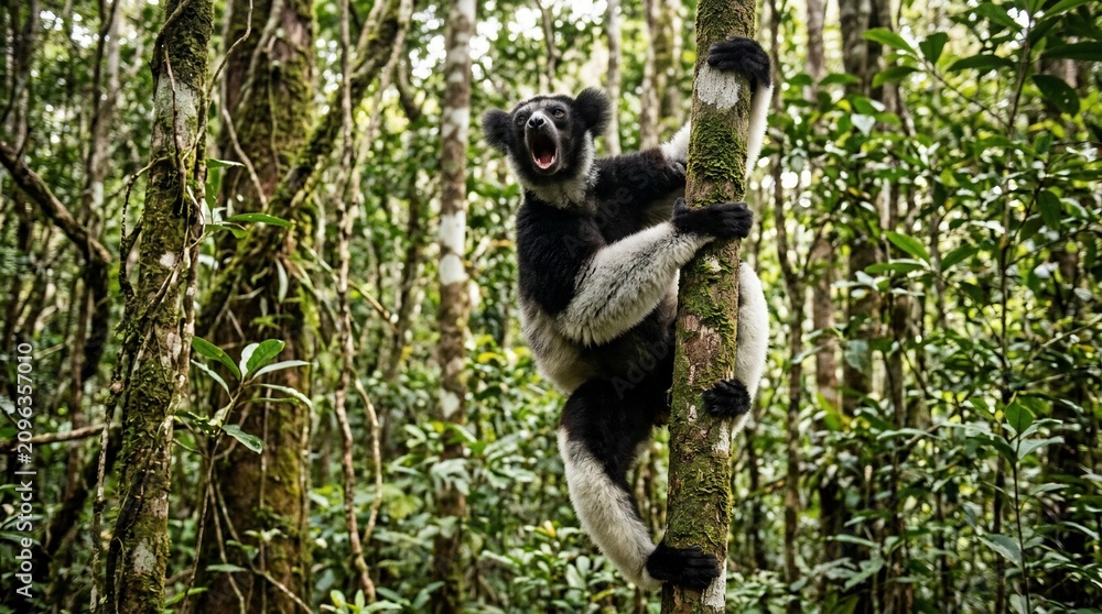 Fototapeta premium Indri lemur calling from a tree in Madagascar rainforest.