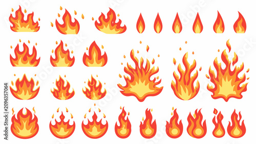 Foto Fire flame vector illustrations in varying shapes and sizes against a white back