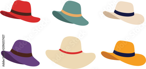 Canvas Print Colorful wide brim sun hat collection, fashionable summer headwear isolated vect