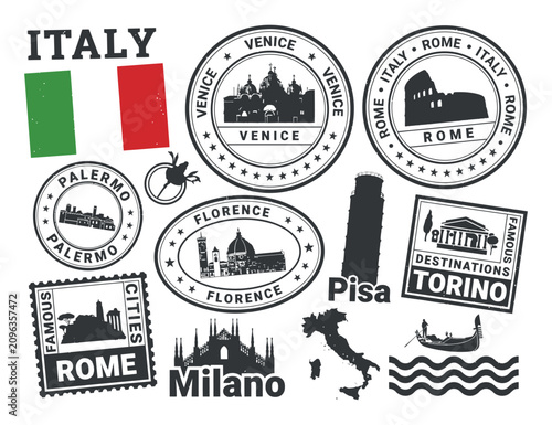 Photography Italian City Stamps And Flag Vector Illustration Collection With Landmarks italy
