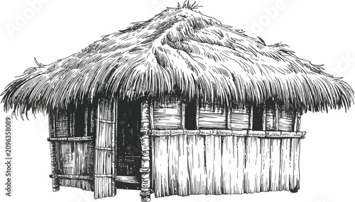 Photos Vintage hand drawn tropical hut vector, rustic bamboo shack with thatched roof,
