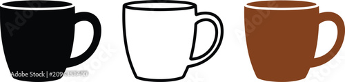 Foto Coffee cup icons set featuring black silhouette, line art and brown ceramic mug