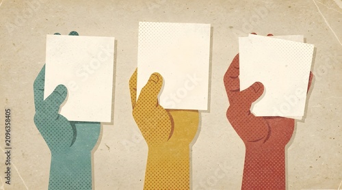 Colorful Hands Holding Blank Cards in Vintage Pop Art Style