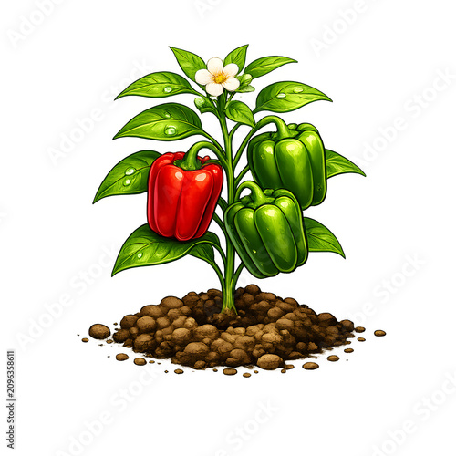 Cute bell pepper plant icon with red and green peppers growing in fertile soil. Isolated gardening illustration symbolizing cultivation, harvest, and healthy growth.