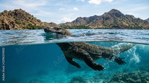 Komodo Dragon Swimming Underwater in Indonesia.