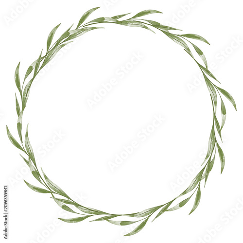 Watercolor greenery wreath. Elegante botanical leaf circle frame. Hand painted floral border, rustic wedding background. Hand Drawn Green Leaves Illustration