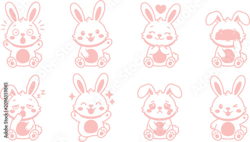 Set of adorable pink bunny illustrations in various poses with character illustration collection whimsical expression creative cheerful activity decorative childlike personality