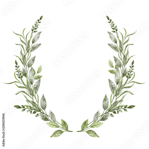 Watercolor greenery wreath. Elegante botanical leaf circle frame. Hand painted floral border, rustic wedding background. Hand Drawn Green Leaves Illustration